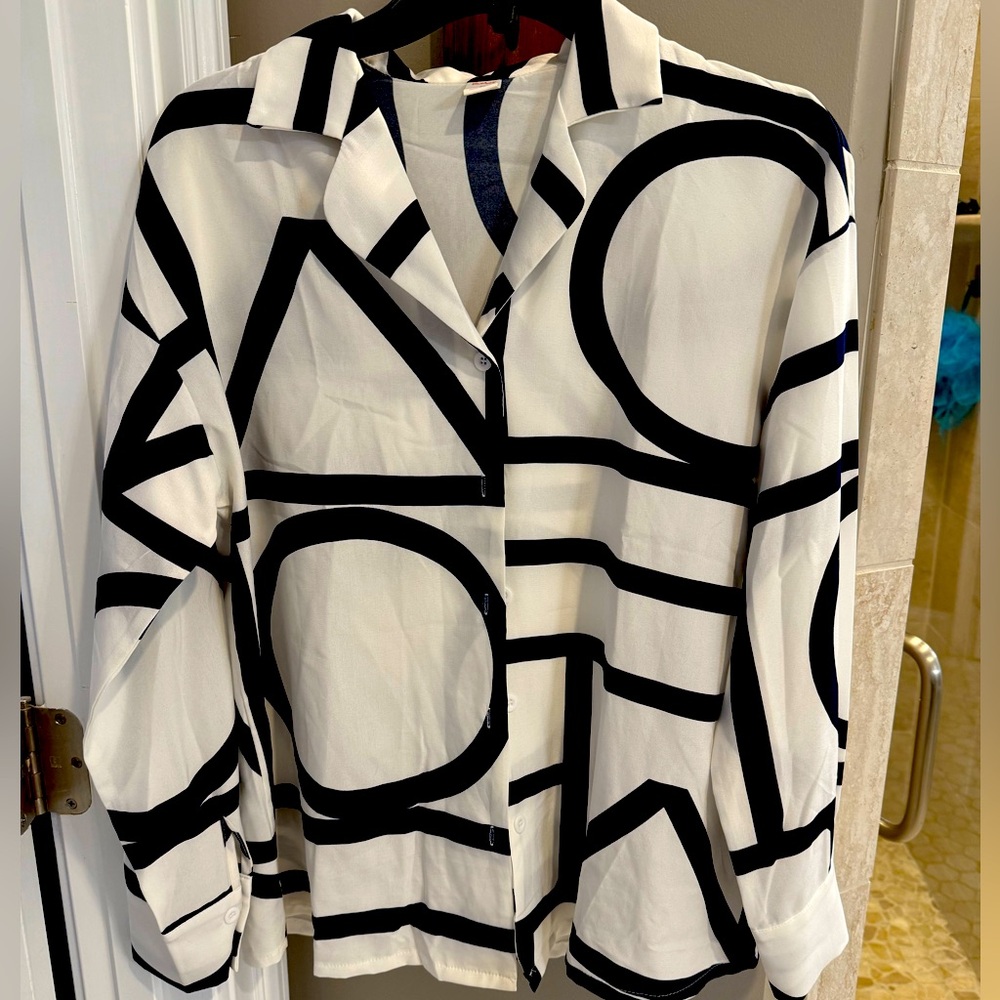 Geometric Navy and White Button-Up Shirt